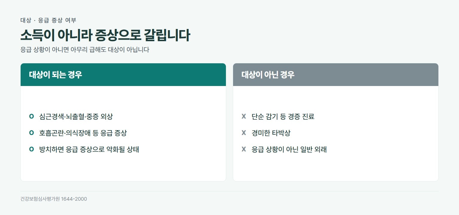 응급의료비 대지급 대상 구분. 대상이 되는 경우는 심근경색 뇌출혈 중증 외상 호흡곤란 의식장애 등 응급 증상, 방치하면 응급으로 악화될 수 있는 상태. 대상이 아닌 경우는 단순 감기, 경미한 타박상 등 비응급 진료