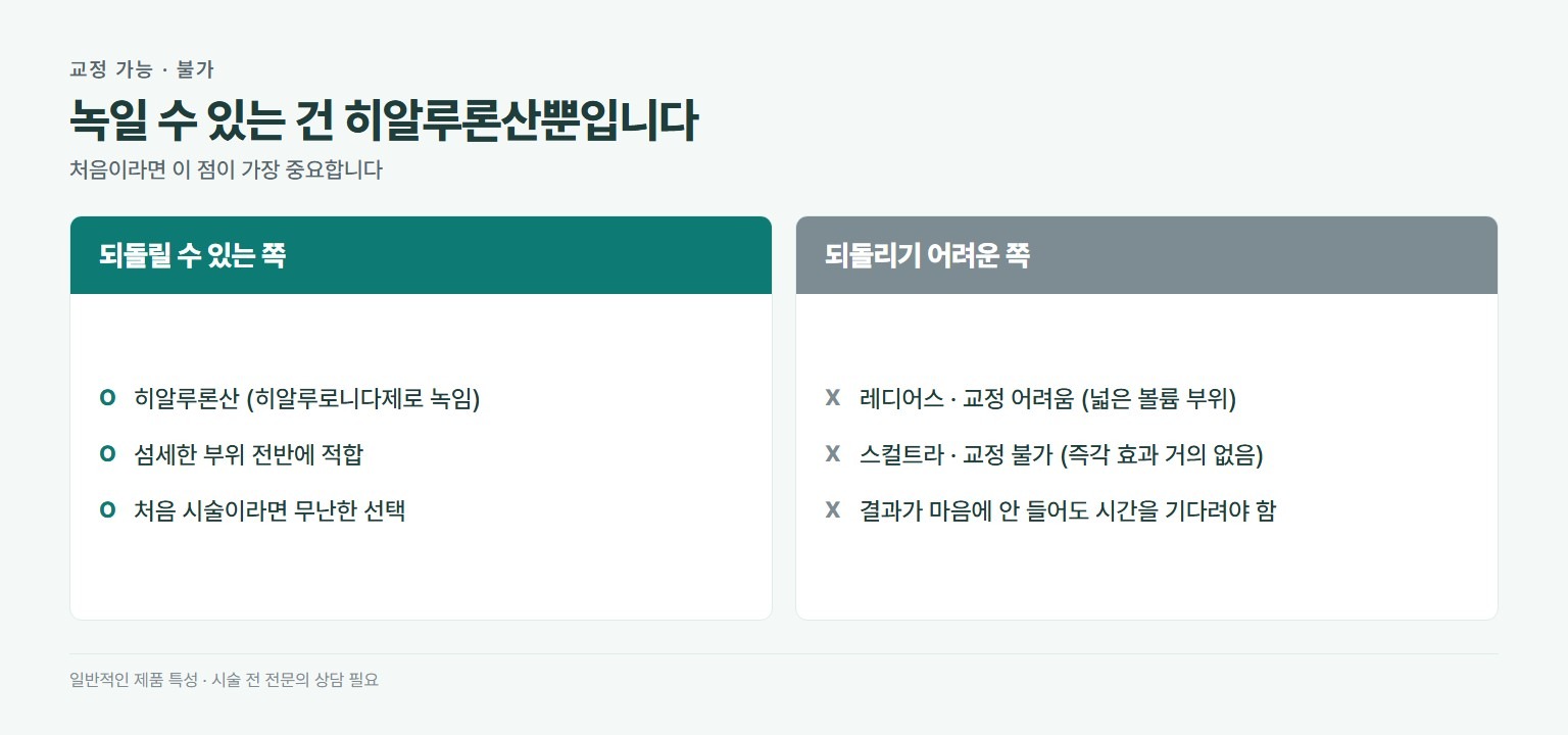 필러 교정 가능 여부. 되돌릴 수 있는 것은 히알루론산으로 히알루로니다제로 녹일 수 있고 섬세한 부위 전반에 적합. 되돌리기 어려운 것은 레디어스로 교정이 어렵고 넓은 볼륨 부위에 적합, 스컬트라는 교정 불가이며 즉각 효과가 거의 없고 넓은 부위 노화 개선에 쓴다
