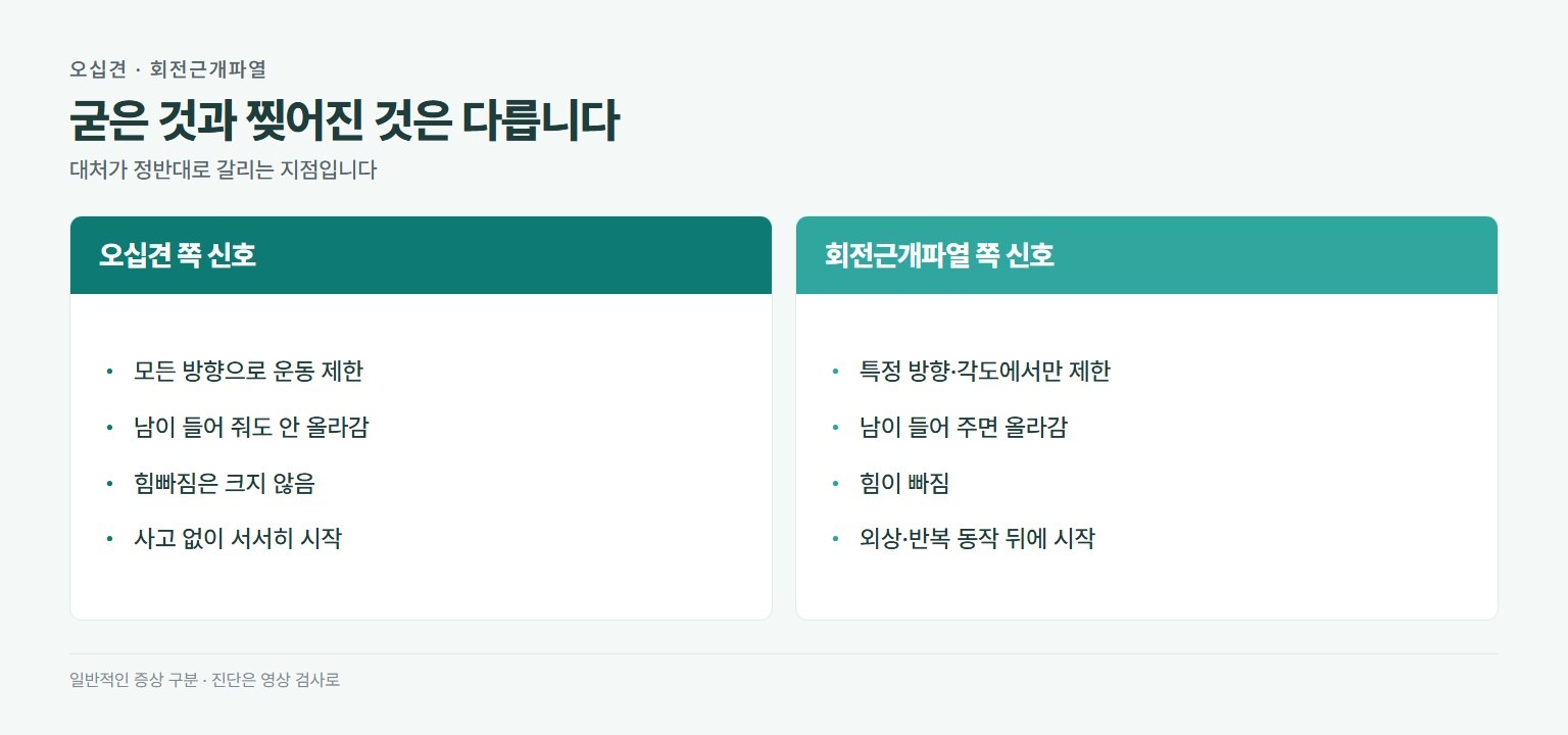 오십견과 회전근개파열 구별. 오십견은 모든 방향 운동 제한이고 남이 들어 줘도 안 올라가며 힘빠짐이 크지 않고 특별한 사고 없이 서서히 생기며 1년에서 3년 내 자연 회복이 가능하다. 회전근개파열은 특정 방향과 각도에서 제한되고 남이 들어 주면 올라가며 힘빠짐이 있고 외상이나 반복 동작 뒤가 많으며 완전파열은 자연 회복이 어렵다