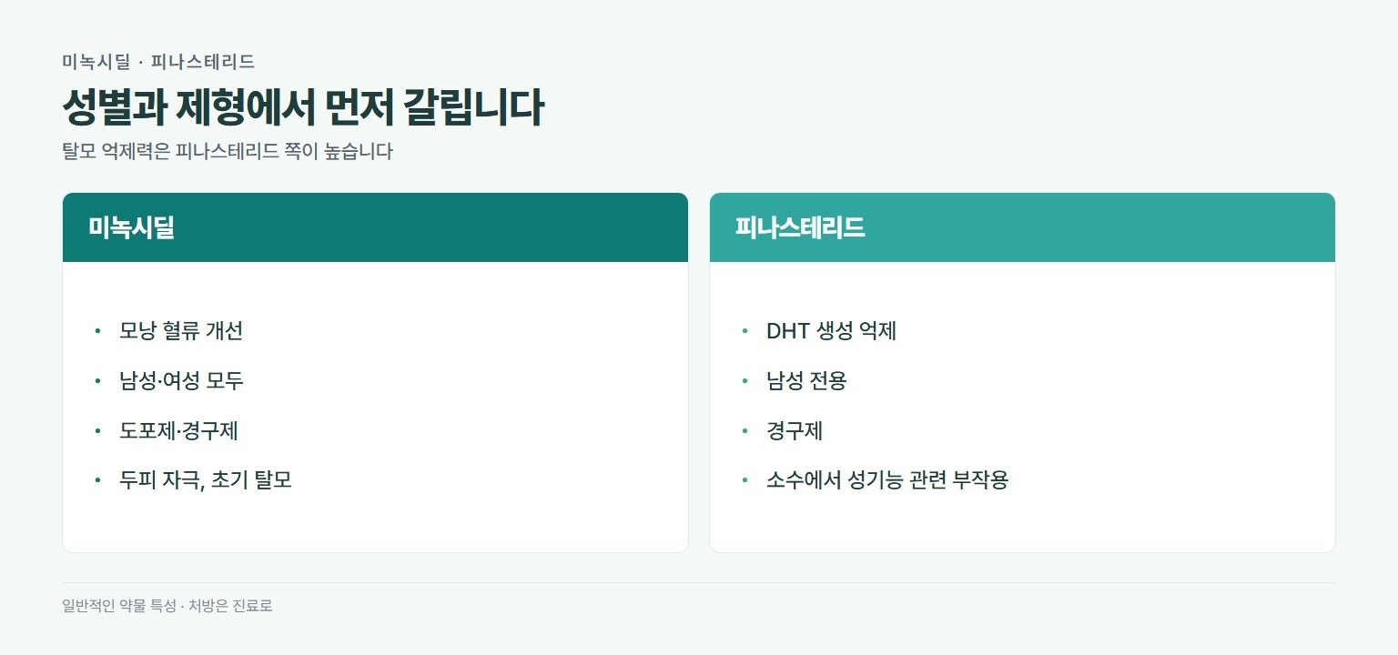 탈모약 두 종 비교. 미녹시딜은 모낭 혈류 개선이 작용 방식이고 남성과 여성 모두 쓰며 도포제와 경구제가 있고 두피 자극과 초기 탈모가 주요 부작용이다. 피나스테리드는 DHT 생성 억제가 작용 방식이고 남성 전용이며 경구제이고 소수에서 성기능 관련 부작용이 보고된다