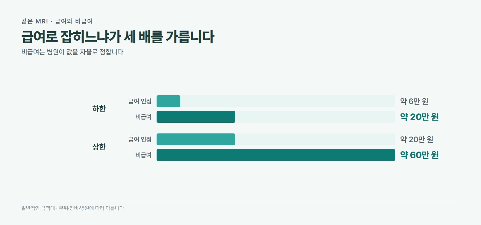 MRI 급여와 비급여 금액 비교. 급여로 인정되면 본인부담 약 6만에서 20만 원대, 비급여면 약 20만에서 60만 원대