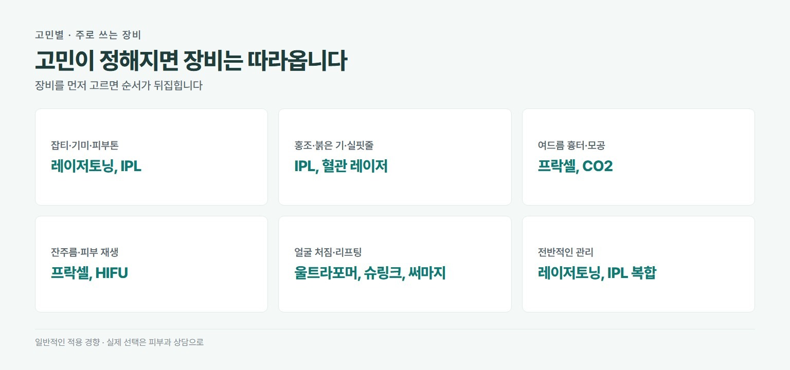 피부 고민별 주로 쓰는 레이저. 잡티와 기미와 피부톤은 레이저토닝과 IPL, 홍조와 실핏줄은 IPL과 혈관 레이저, 여드름 흉터와 모공은 프락셀과 CO2 레이저, 잔주름과 피부 재생은 프락셀과 HIFU, 얼굴 처짐과 리프팅은 울트라포머와 슈링크와 써마지, 전반적인 관리는 레이저토닝과 IPL 복합