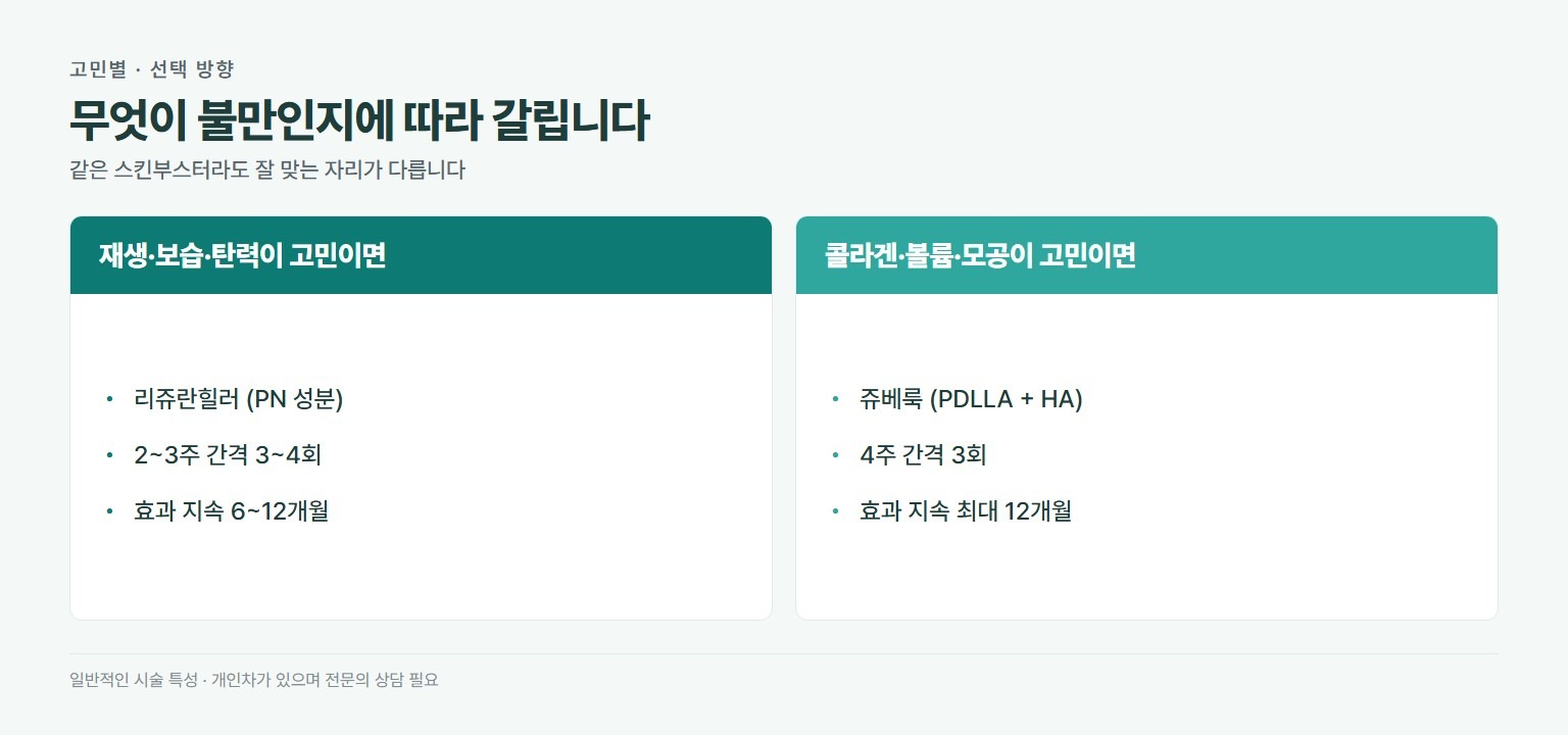 스킨부스터 고민별 선택. 재생과 보습과 탄력이 고민이면 리쥬란힐러로 PN 성분이며 2에서 3주 간격 3에서 4회. 콜라겐과 볼륨과 모공이 고민이면 쥬베룩으로 PDLLA와 HA이며 4주 간격 3회