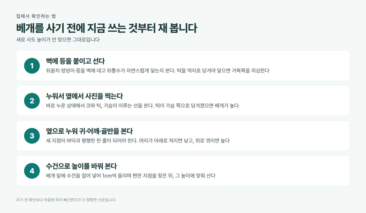 집에서 베개 높이를 확인하는 4단계. 벽에 등을 붙이고 서서 뒤통수가 닿는지 보기, 바로 누워 옆에서 사진을 찍어 턱이 당겨졌는지 보기, 옆으로 누워 귀와 어깨와 골반이 한 줄인지 보기, 베개 밑에 수건을 접어 넣어 1센티미터씩 조절해 편한 높이 찾기